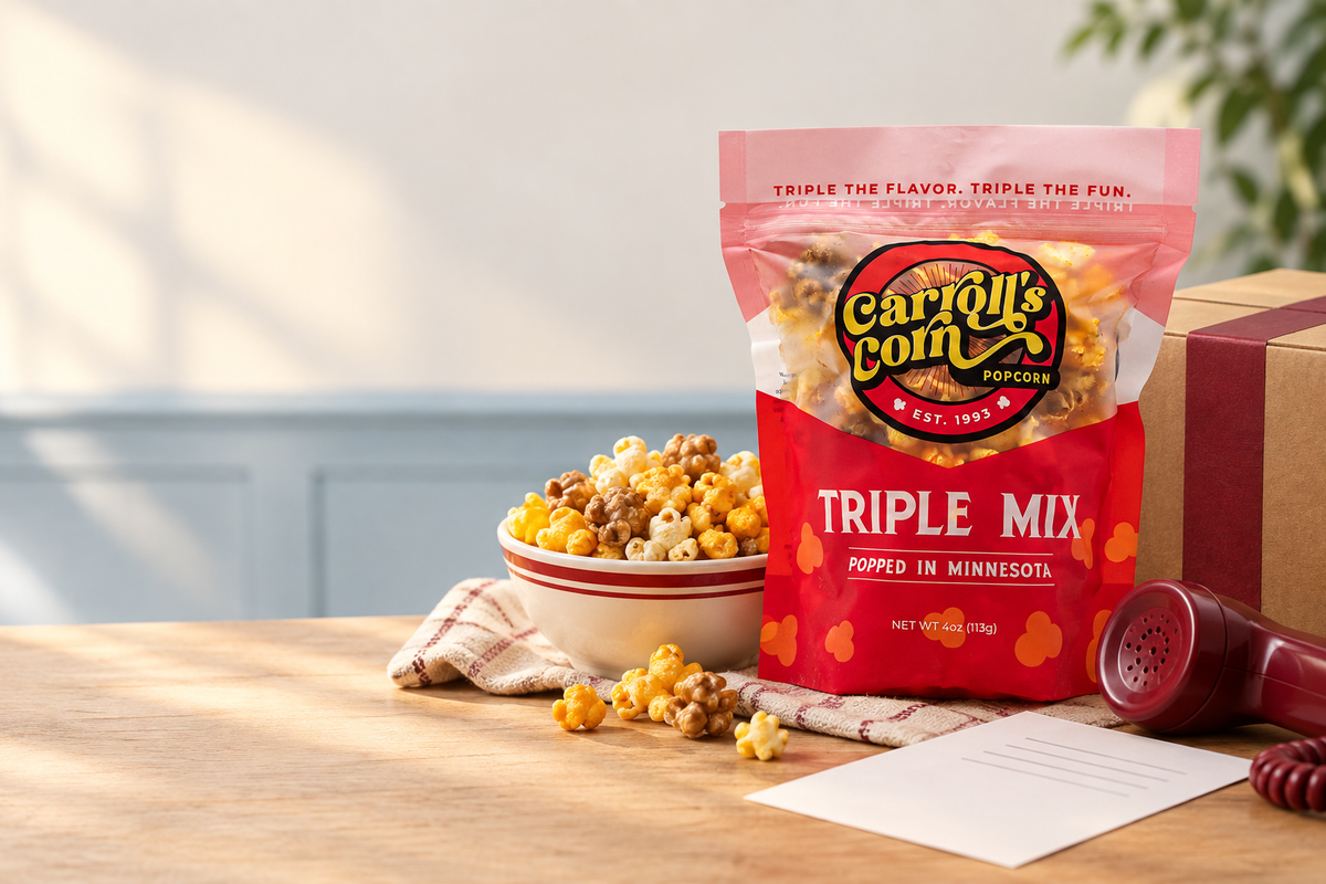 Carroll’s Corn Triple Mix popcorn beside a bowl and red telephone