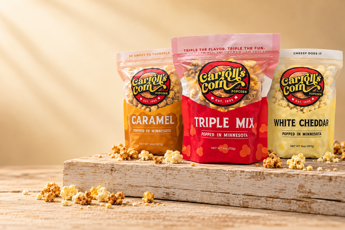 Carroll’s Corn Caramel, Triple Mix and White Cheddar popcorn bags